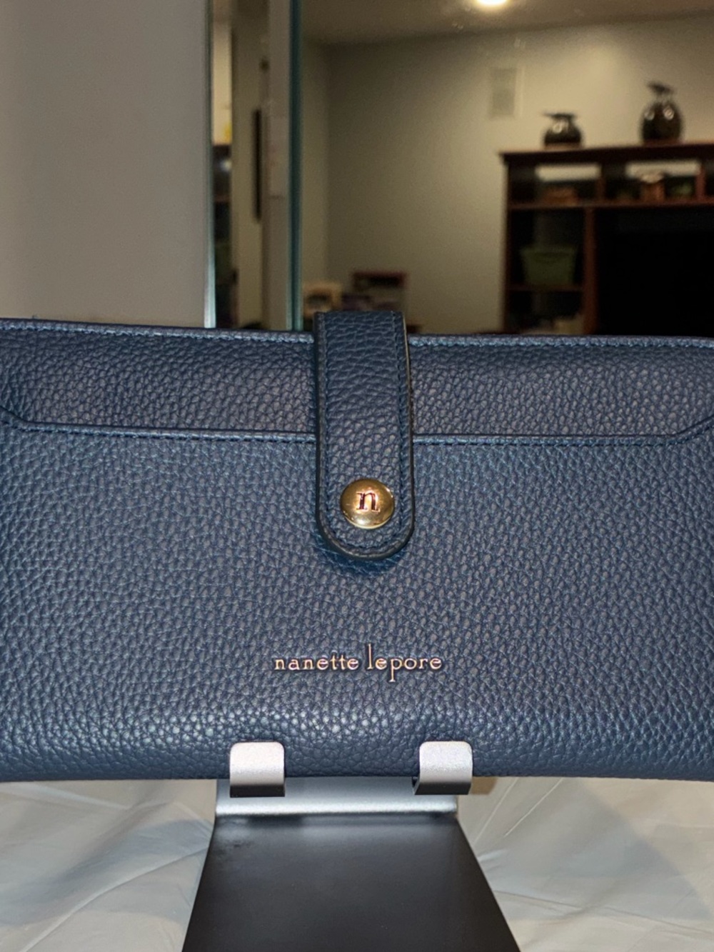 Nanette Lepore Navy Blue Pebbled Leather Bifold Wallet with Gold Hardware - Picture 3 of 12